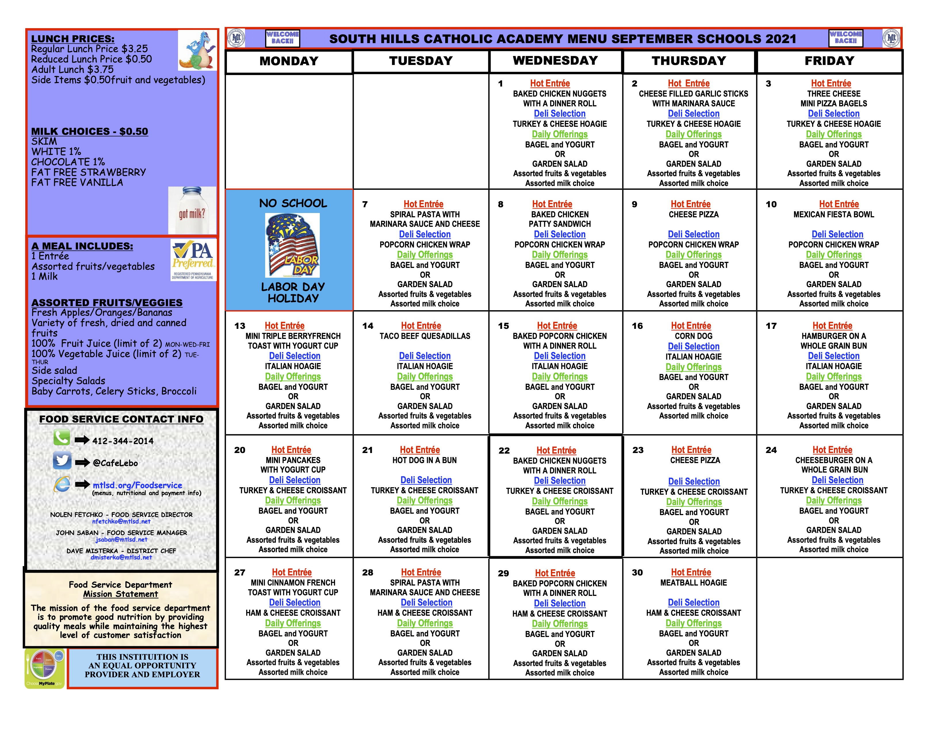 Calendar, Schedule, & Menus South Hills Catholic Academy